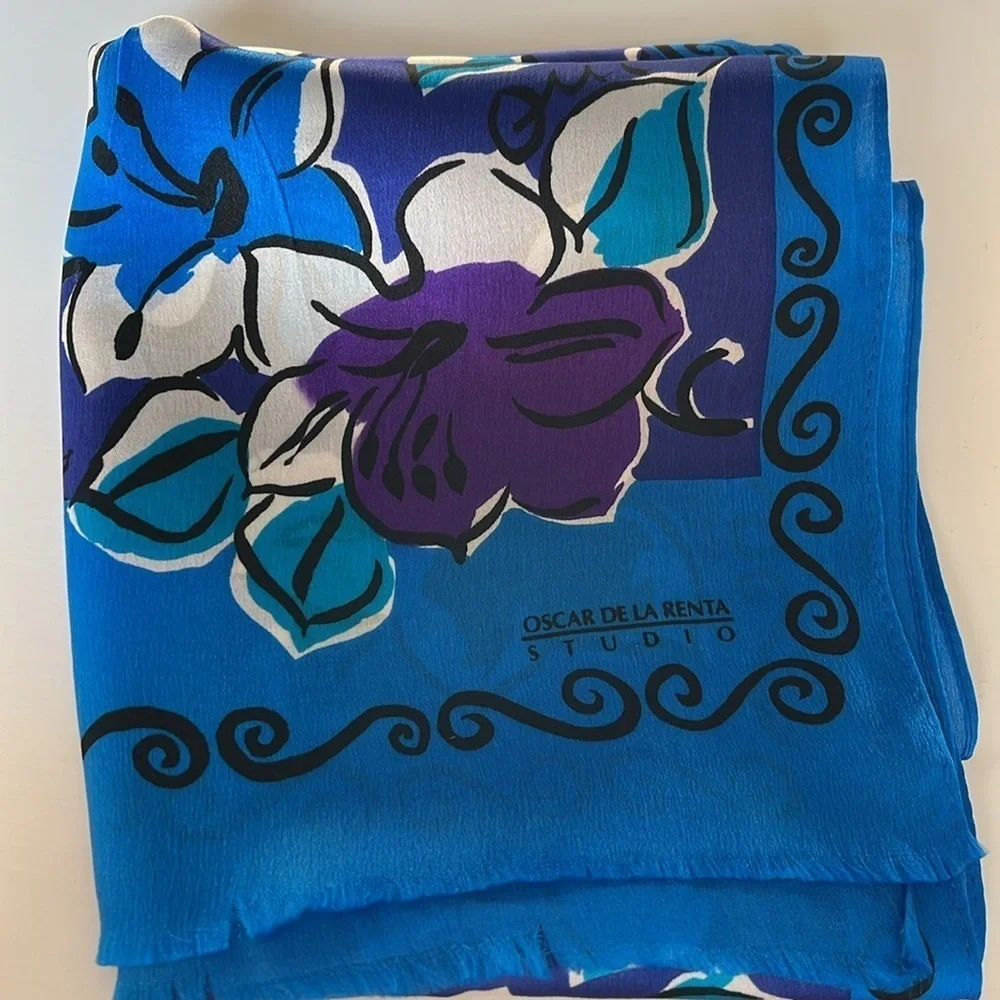 Vintage Oscar de la Renta Studio Silk French Inspired Flower Long Scarf